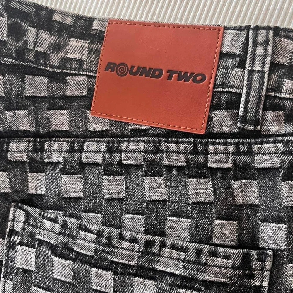 Round Two Basket Weave Checkerboard Denim Jeans Black Grey Mens 30 NEW